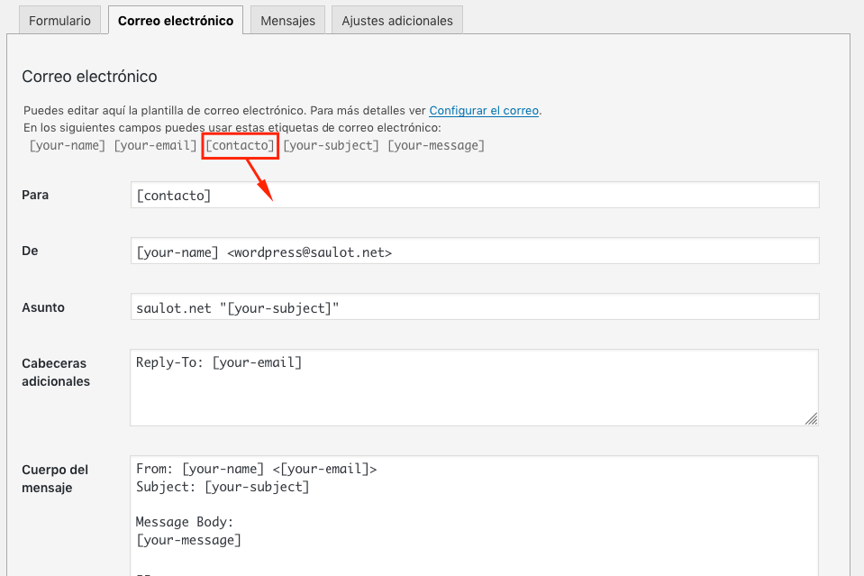contactform7 establecer correos dinamicamente